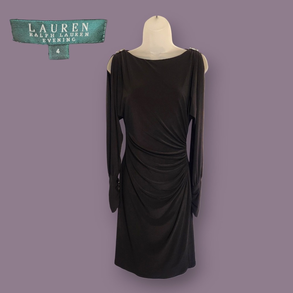 Lauren Ralph Lauren Evening Dress 4 Black Cold Shoulder Ruched Rhinestone Sheath